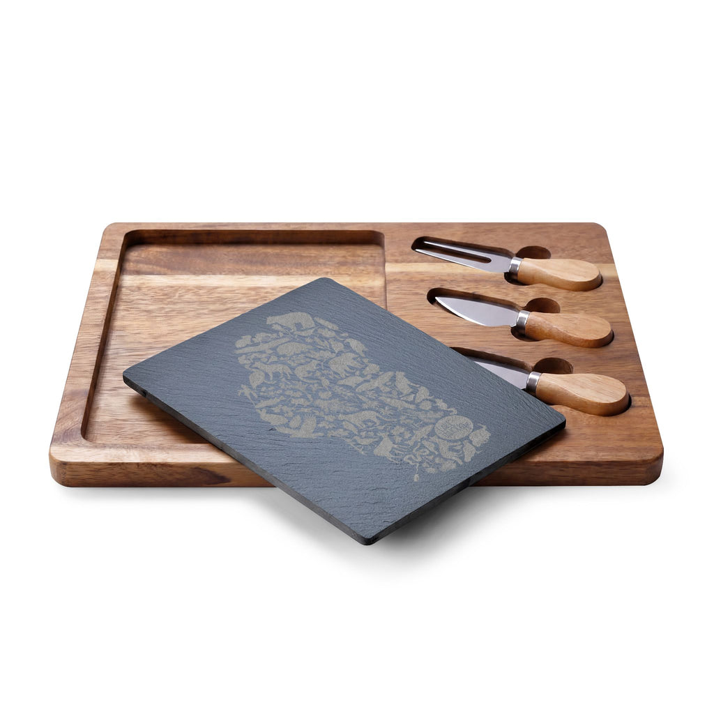 Tahoe Life Engraved Acacia Charcuterie Board with Slate Inset — Cheese Knife Set