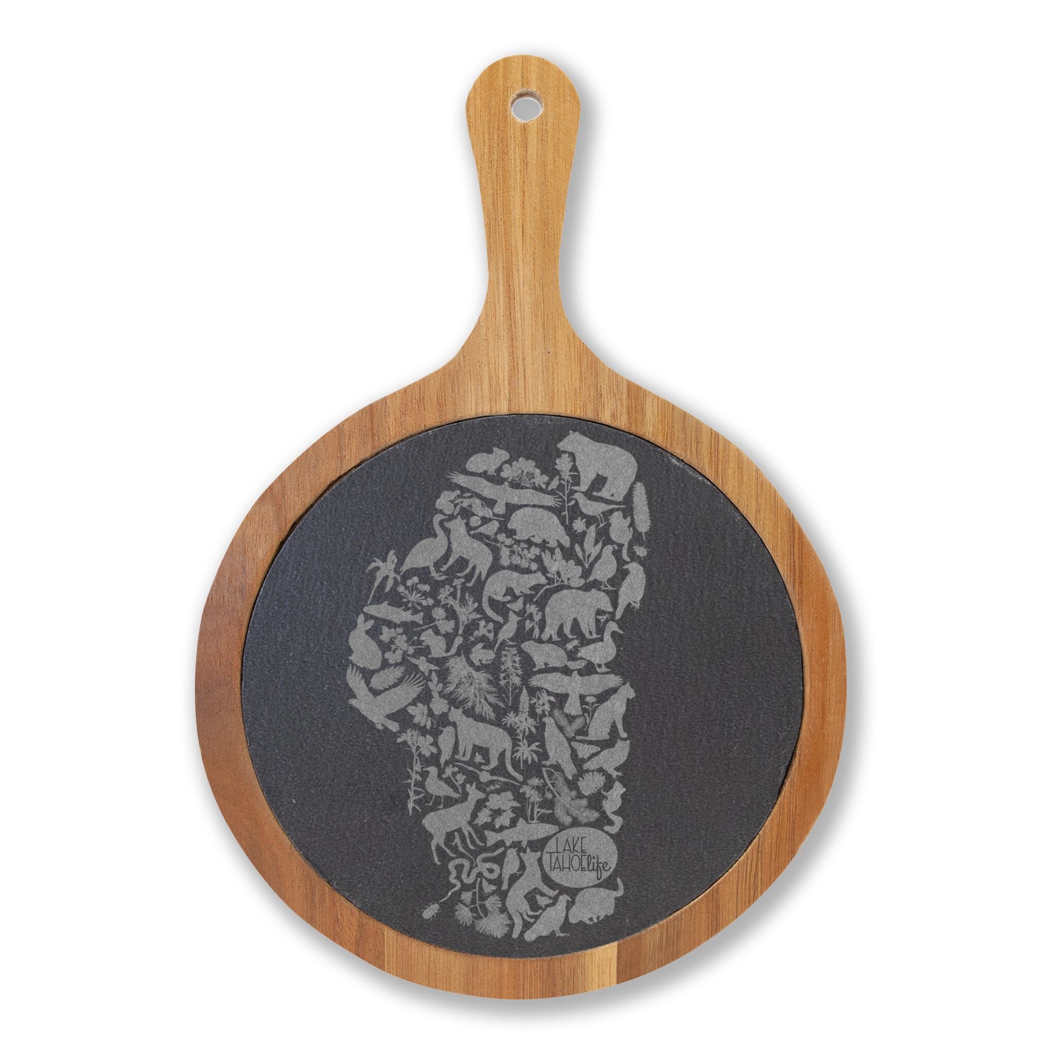 Tahoe Life Engraved Acacia Charcuterie Board with Slate Inset — Cheese Knife Set
