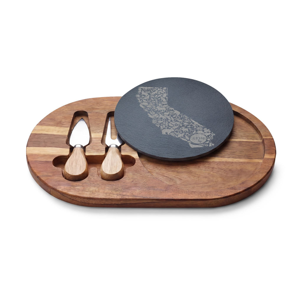 CA Life Engraved California Charcuterie Board with Slate Inset & Cheese Tools