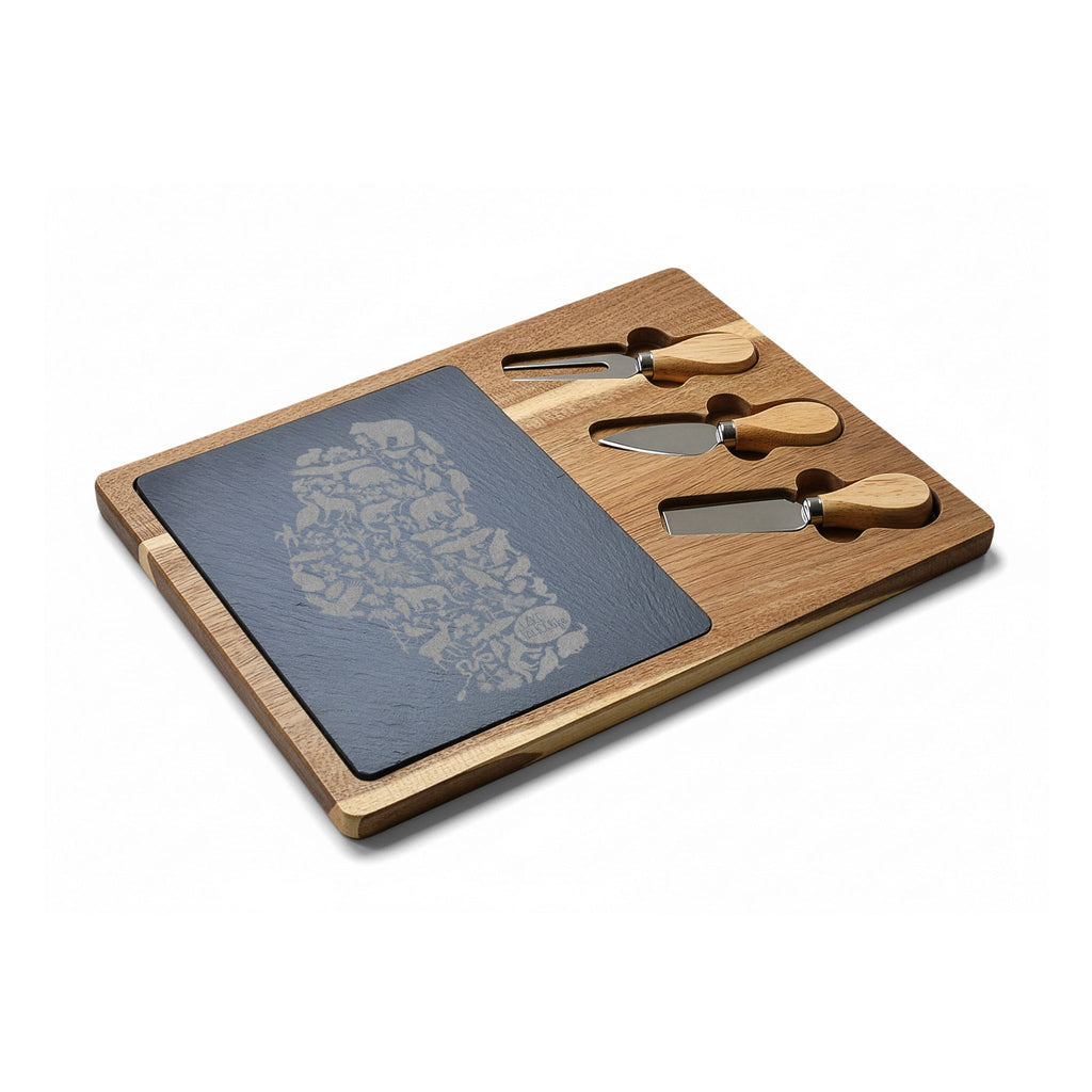 Tahoe Life Engraved Acacia Charcuterie Board with Slate Inset — Cheese Knife Set