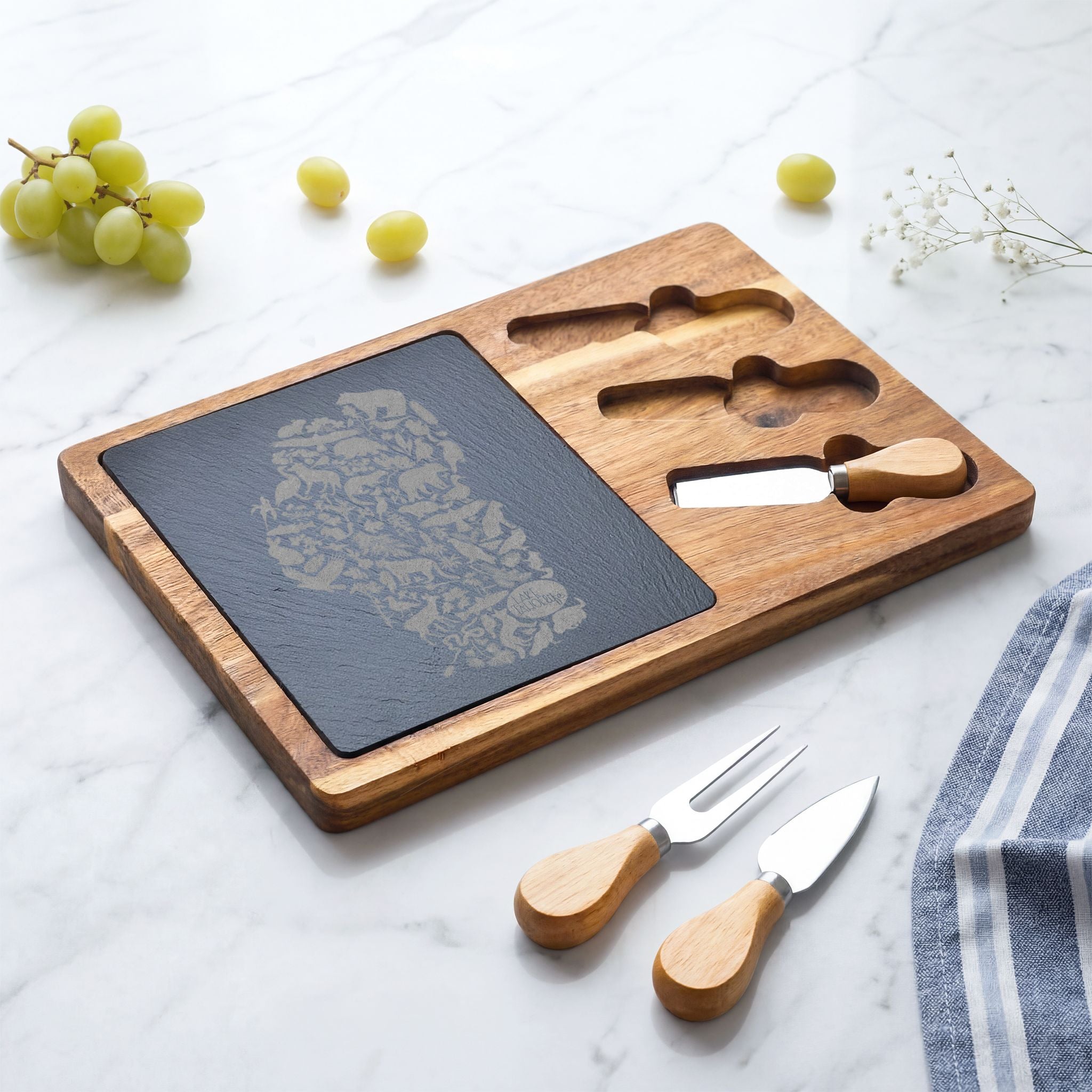 Tahoe Life Engraved Acacia Charcuterie Board with Slate Inset — Cheese Knife Set