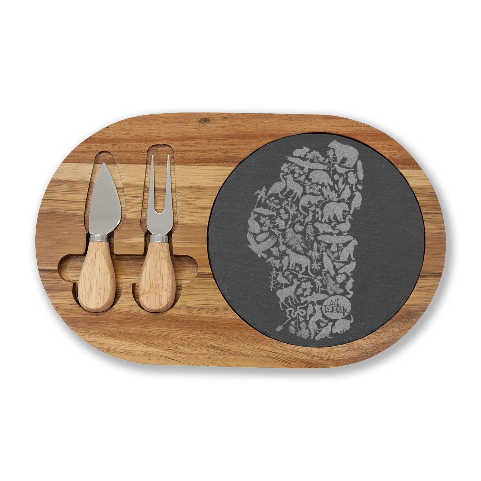 Tahoe Life Engraved Acacia Charcuterie Board with Slate Inset — Cheese Knife Set
