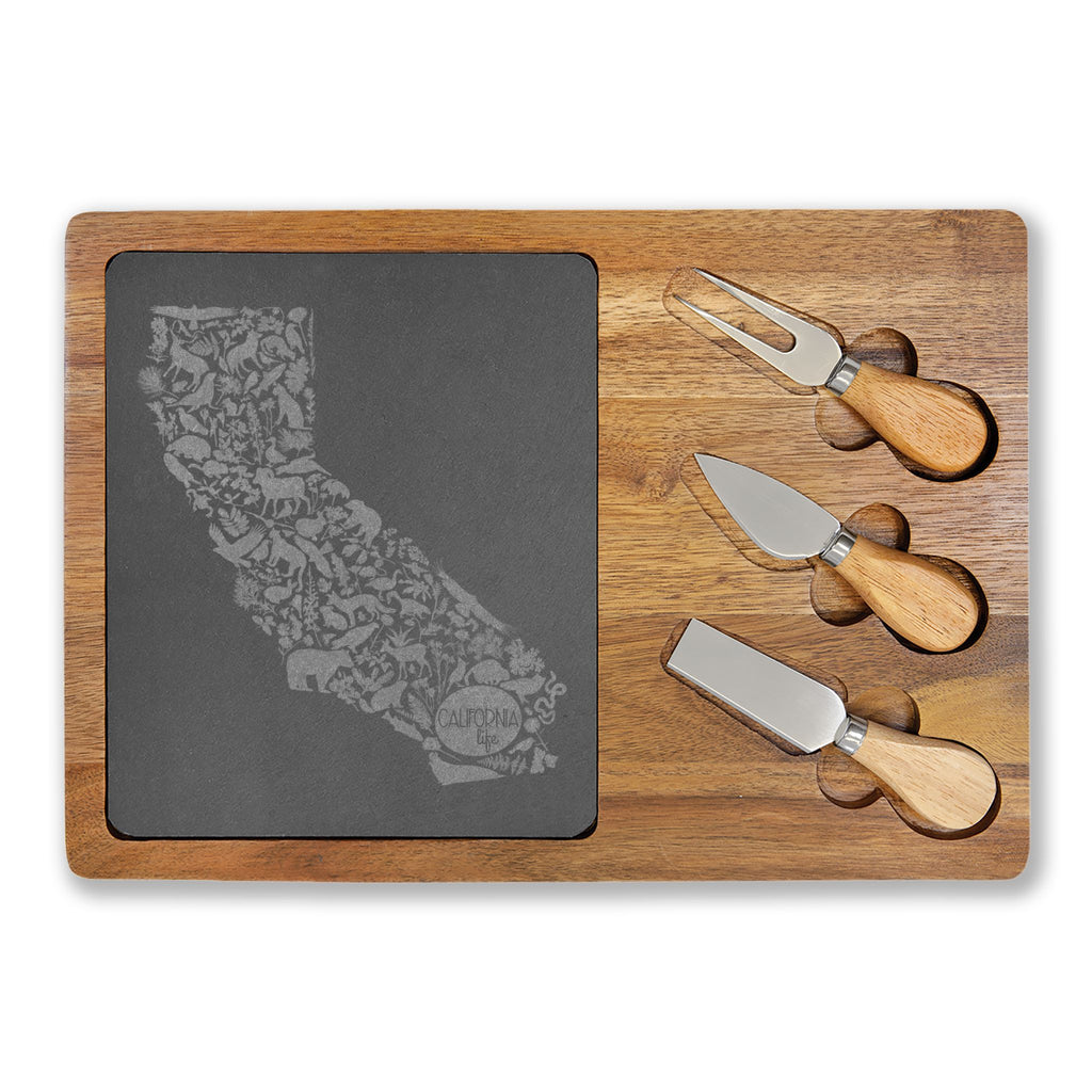 CA Life Engraved California Charcuterie Board with Slate Inset & Cheese Tools