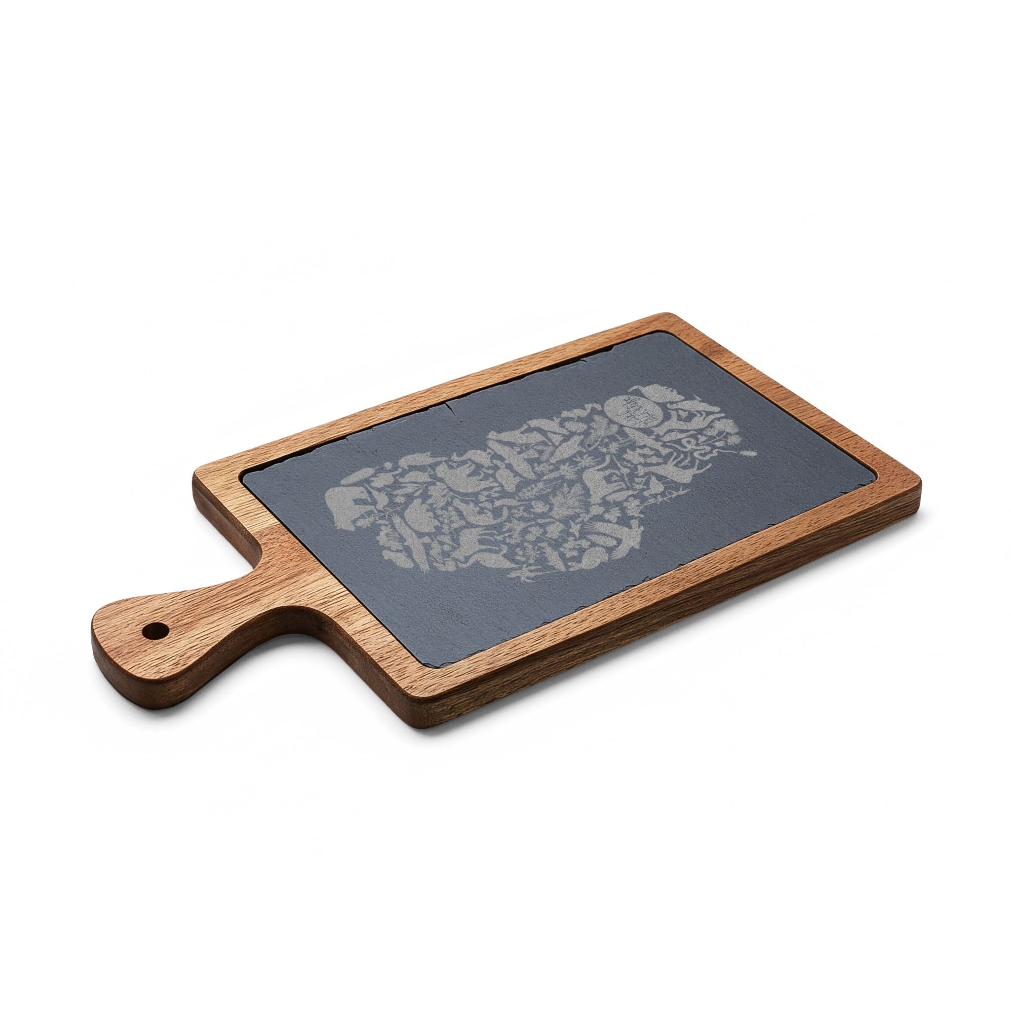 Tahoe Life Engraved Acacia Charcuterie Board with Slate Inset — Cheese Knife Set