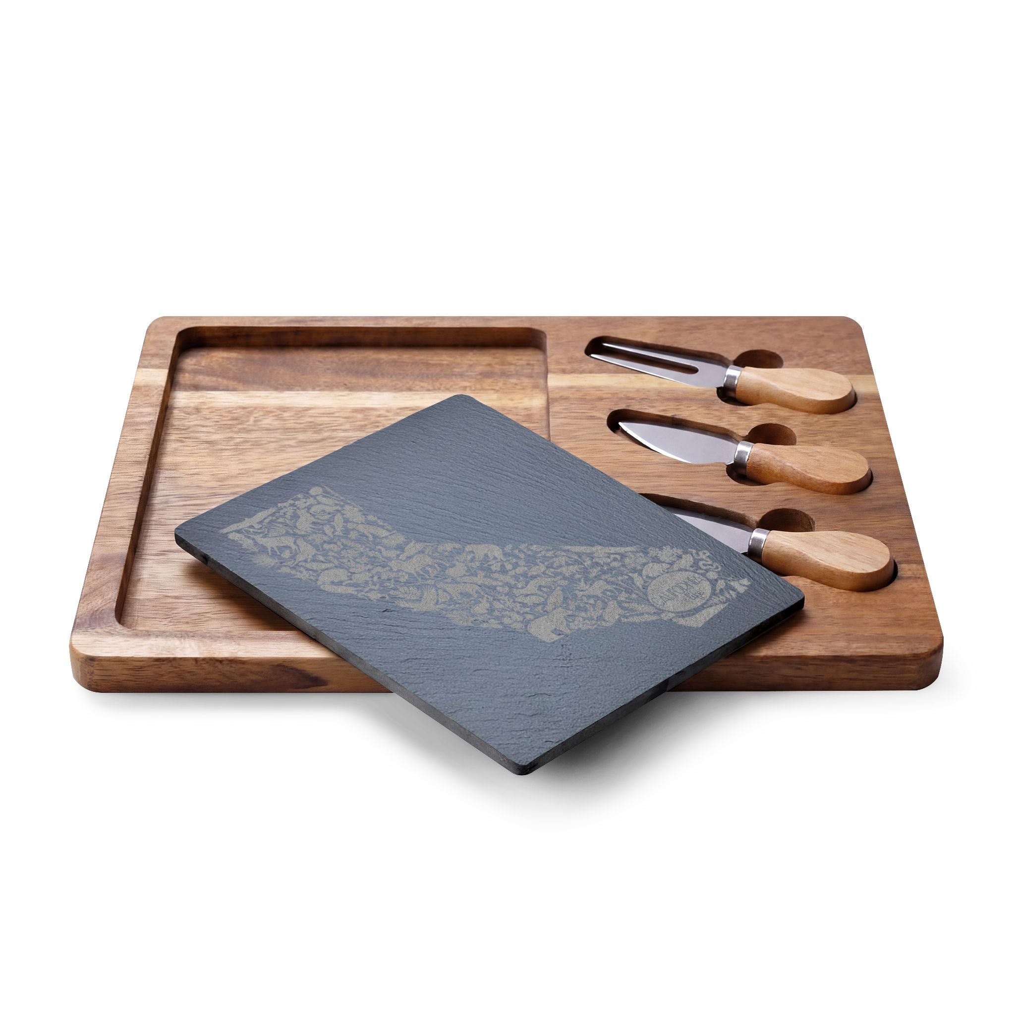 CA Life Engraved California Charcuterie Board with Slate Inset & Cheese Tools