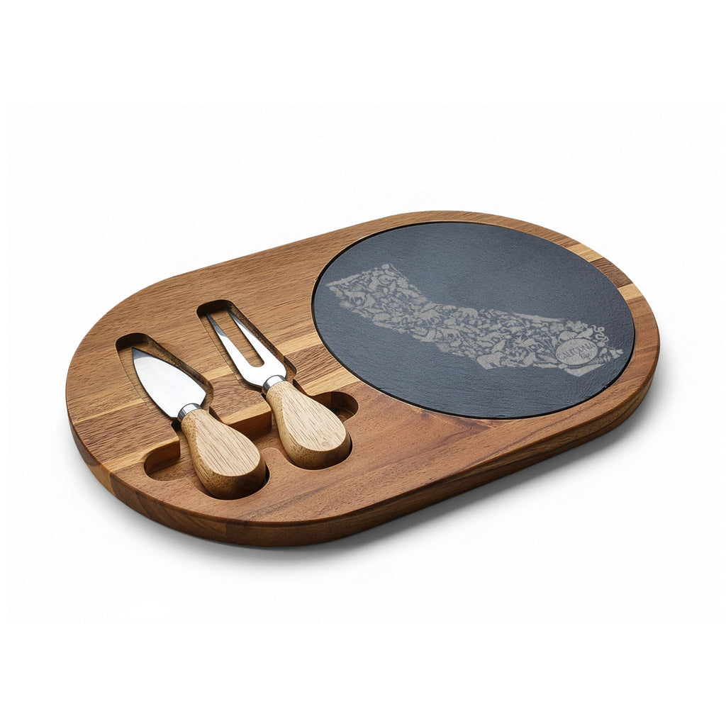 CA Life Engraved California Charcuterie Board with Slate Inset & Cheese Tools