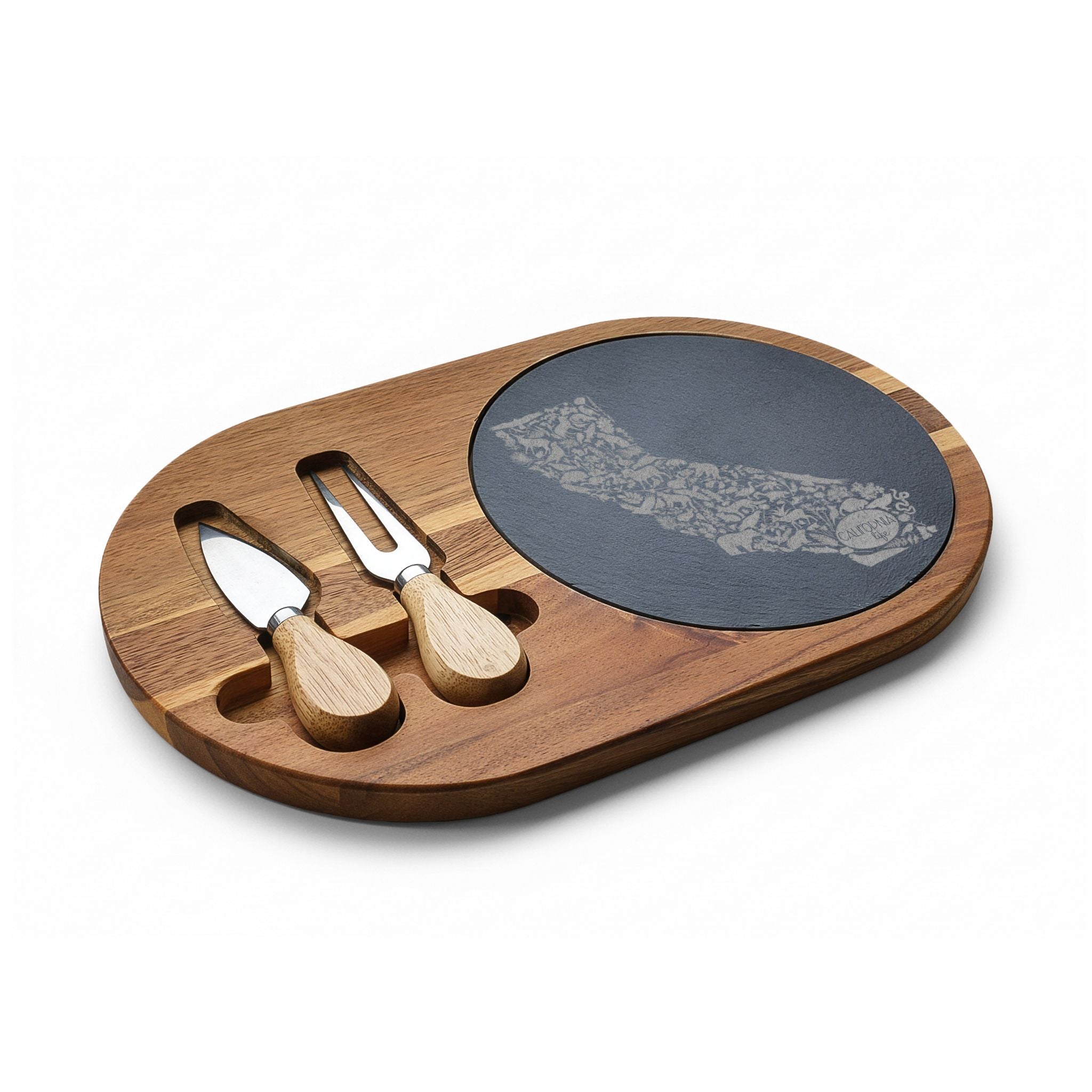 CA Life Engraved California Charcuterie Board with Slate Inset & Cheese Tools