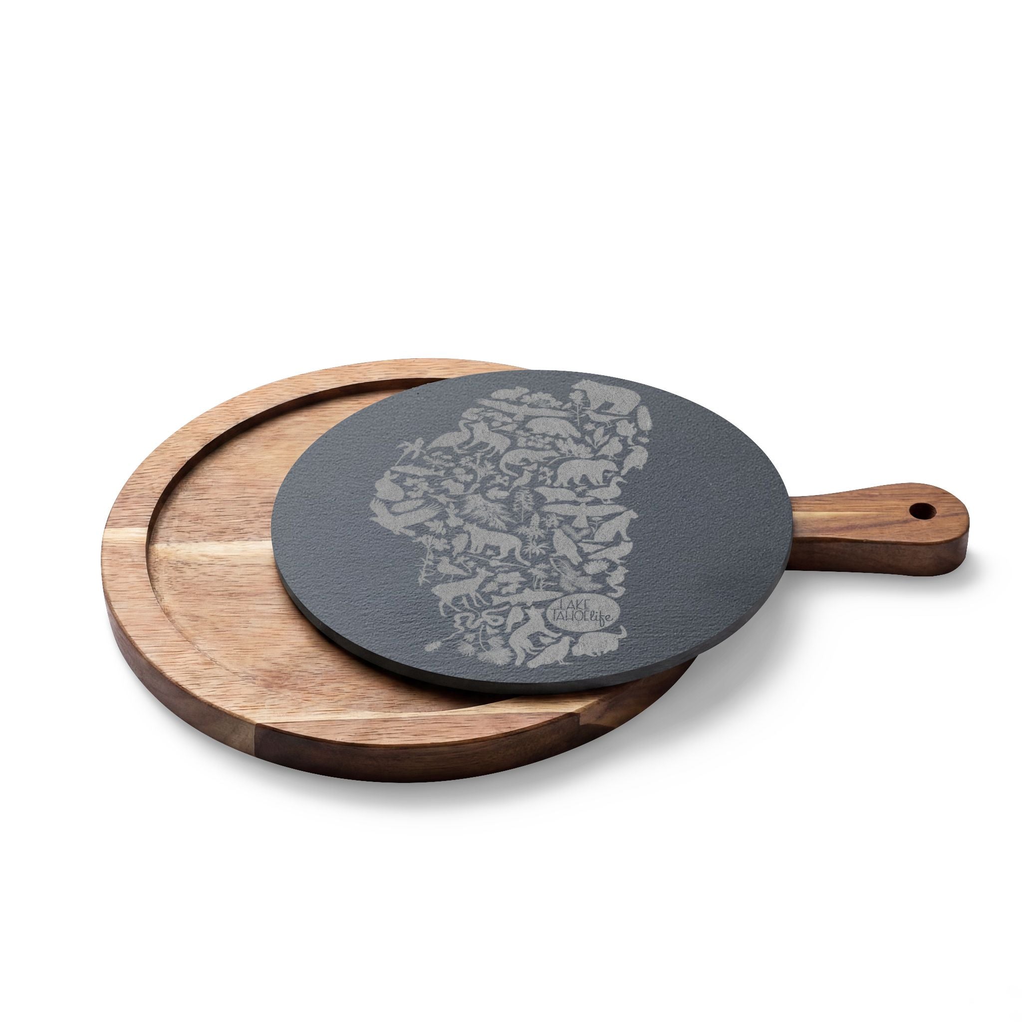 Tahoe Life Engraved Acacia Charcuterie Board with Slate Inset — Cheese Knife Set