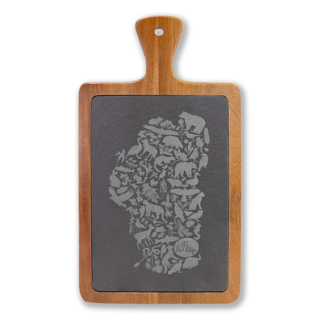 Tahoe Life Engraved Acacia Charcuterie Board with Slate Inset — Cheese Knife Set