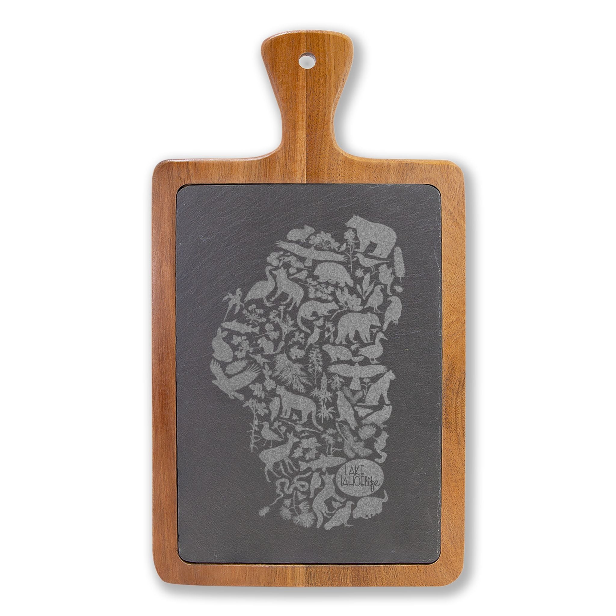 Tahoe Life Engraved Acacia Charcuterie Board with Slate Inset — Cheese Knife Set
