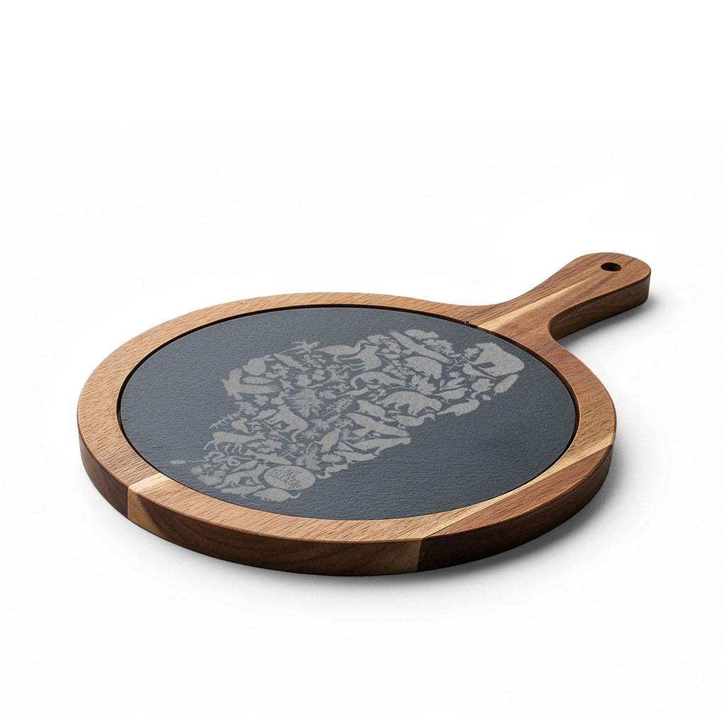 Tahoe Life Engraved Acacia Charcuterie Board with Slate Inset — Cheese Knife Set
