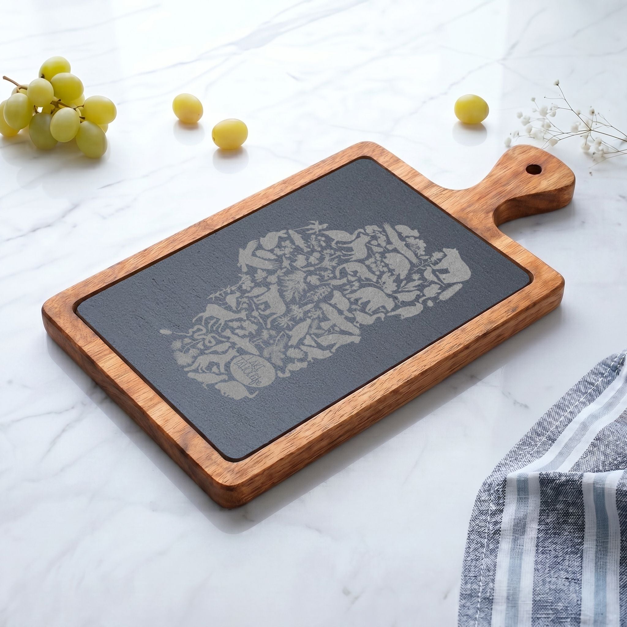 Tahoe Life Engraved Acacia Charcuterie Board with Slate Inset — Cheese Knife Set