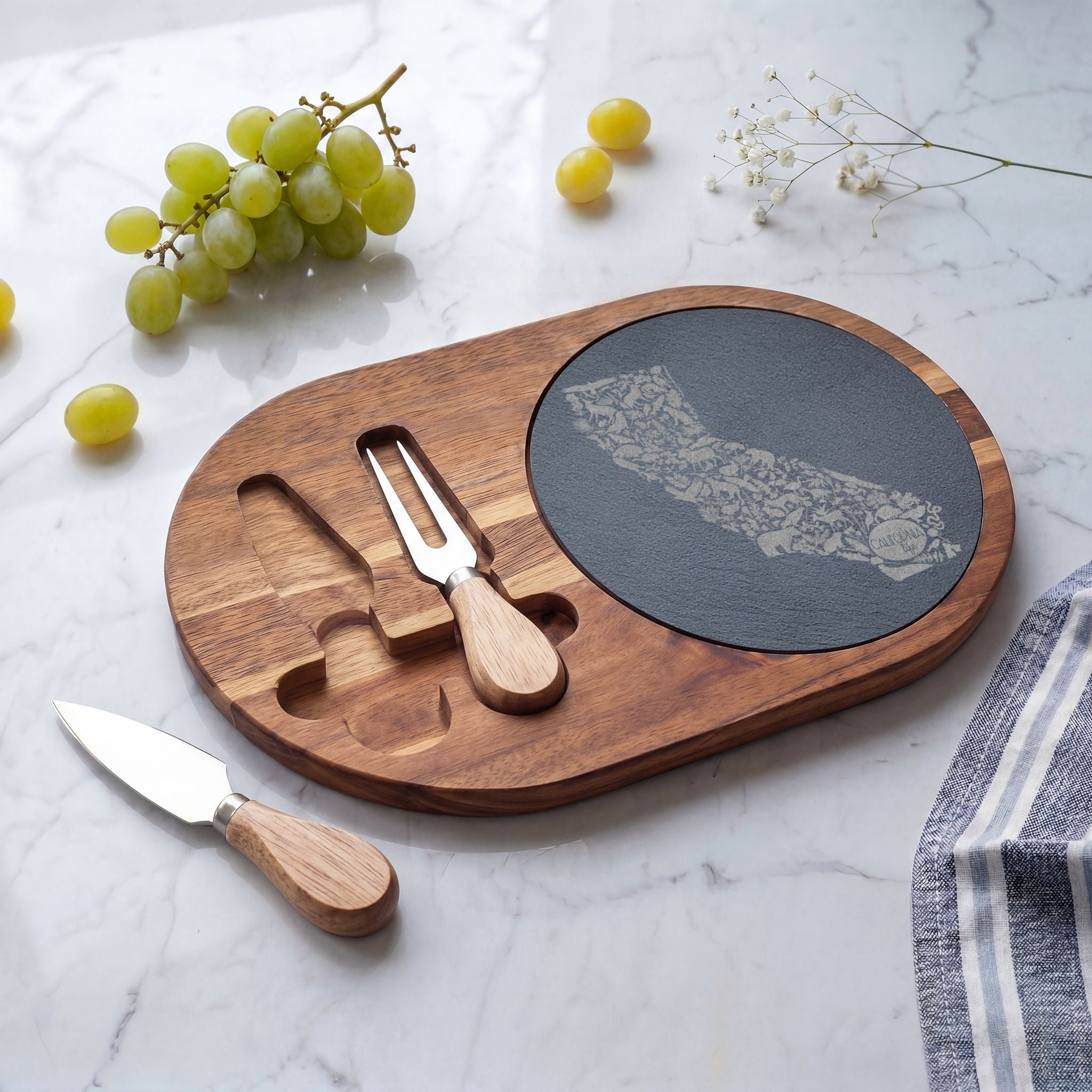 CA Life Engraved California Charcuterie Board with Slate Inset & Cheese Tools
