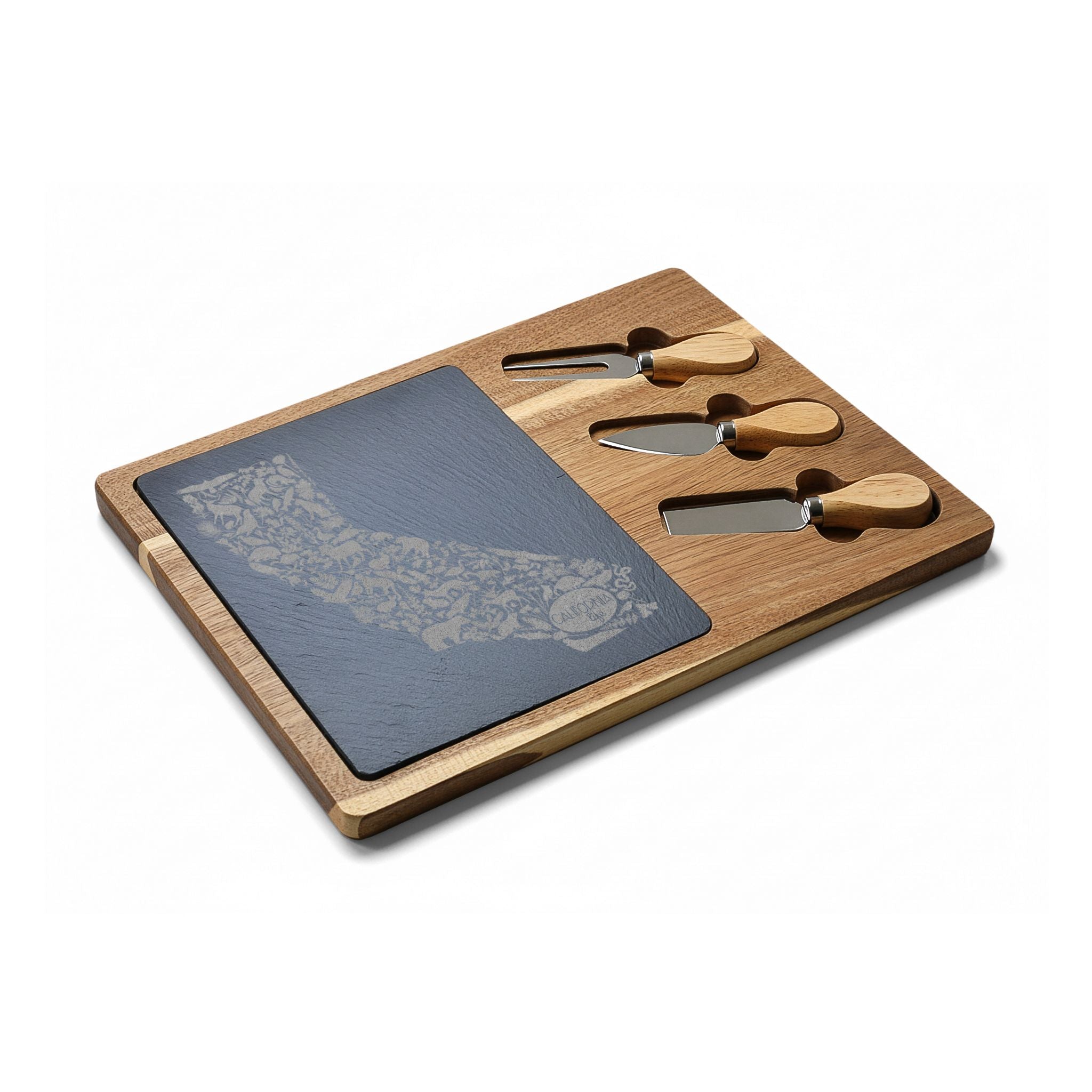 CA Life Engraved California Charcuterie Board with Slate Inset & Cheese Tools