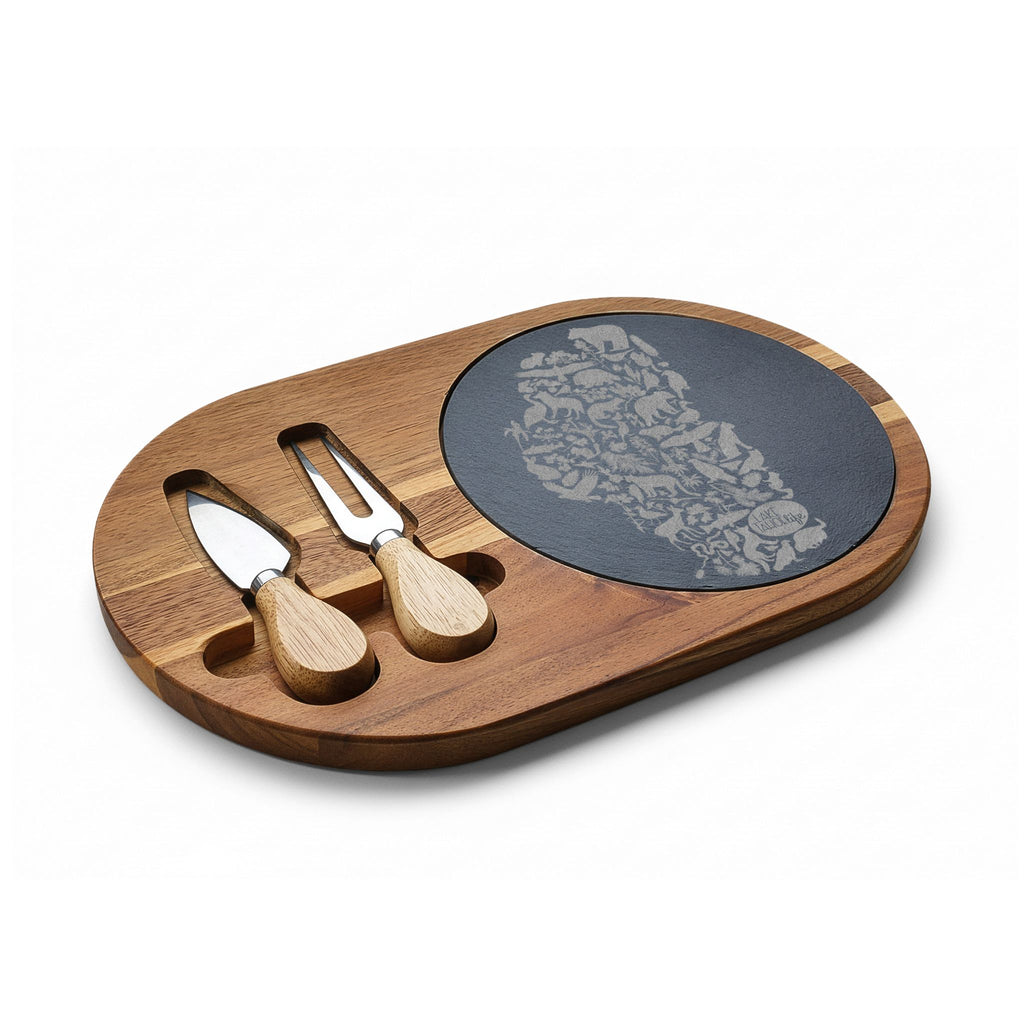 Tahoe Life Engraved Acacia Charcuterie Board with Slate Inset — Cheese Knife Set