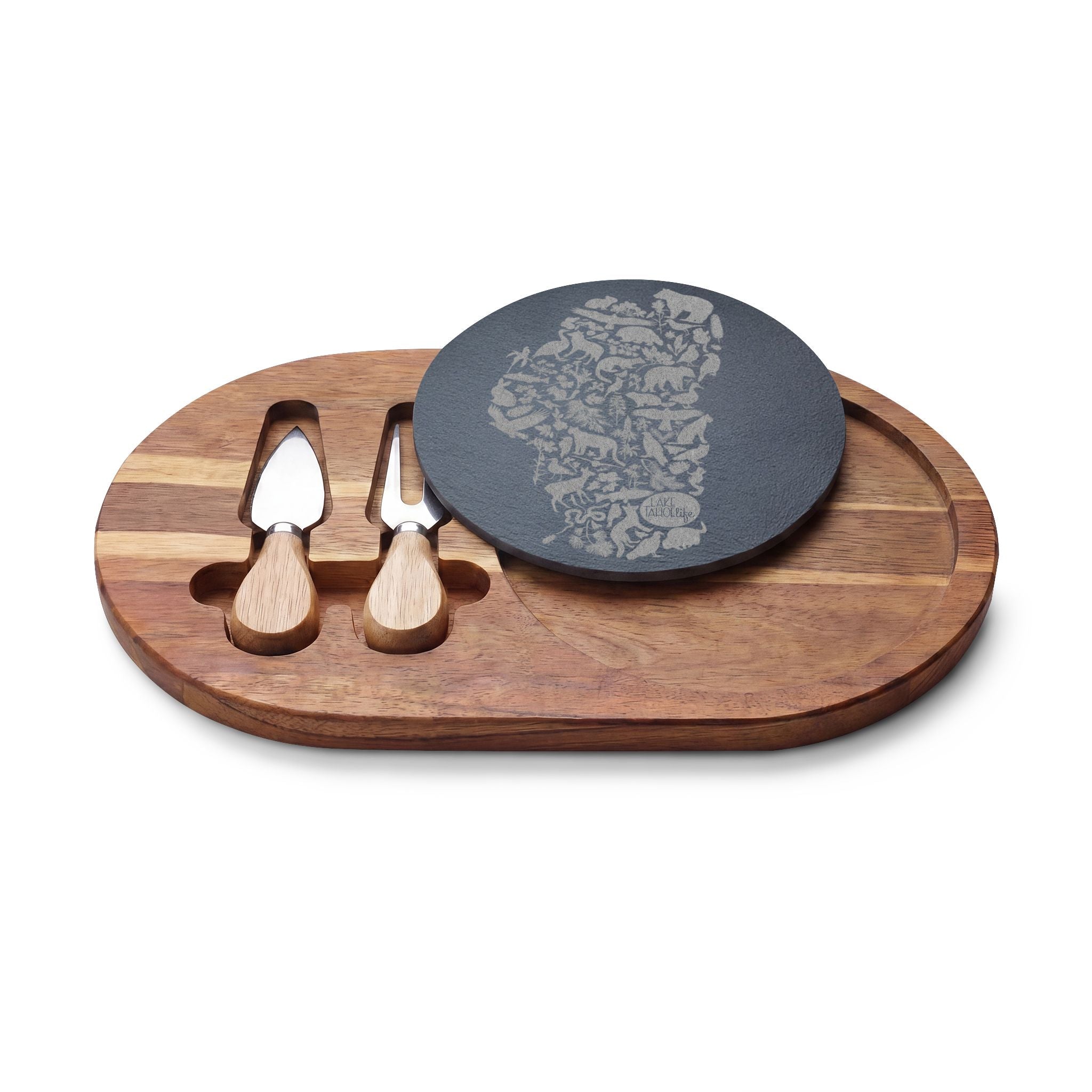Tahoe Life Engraved Acacia Charcuterie Board with Slate Inset — Cheese Knife Set