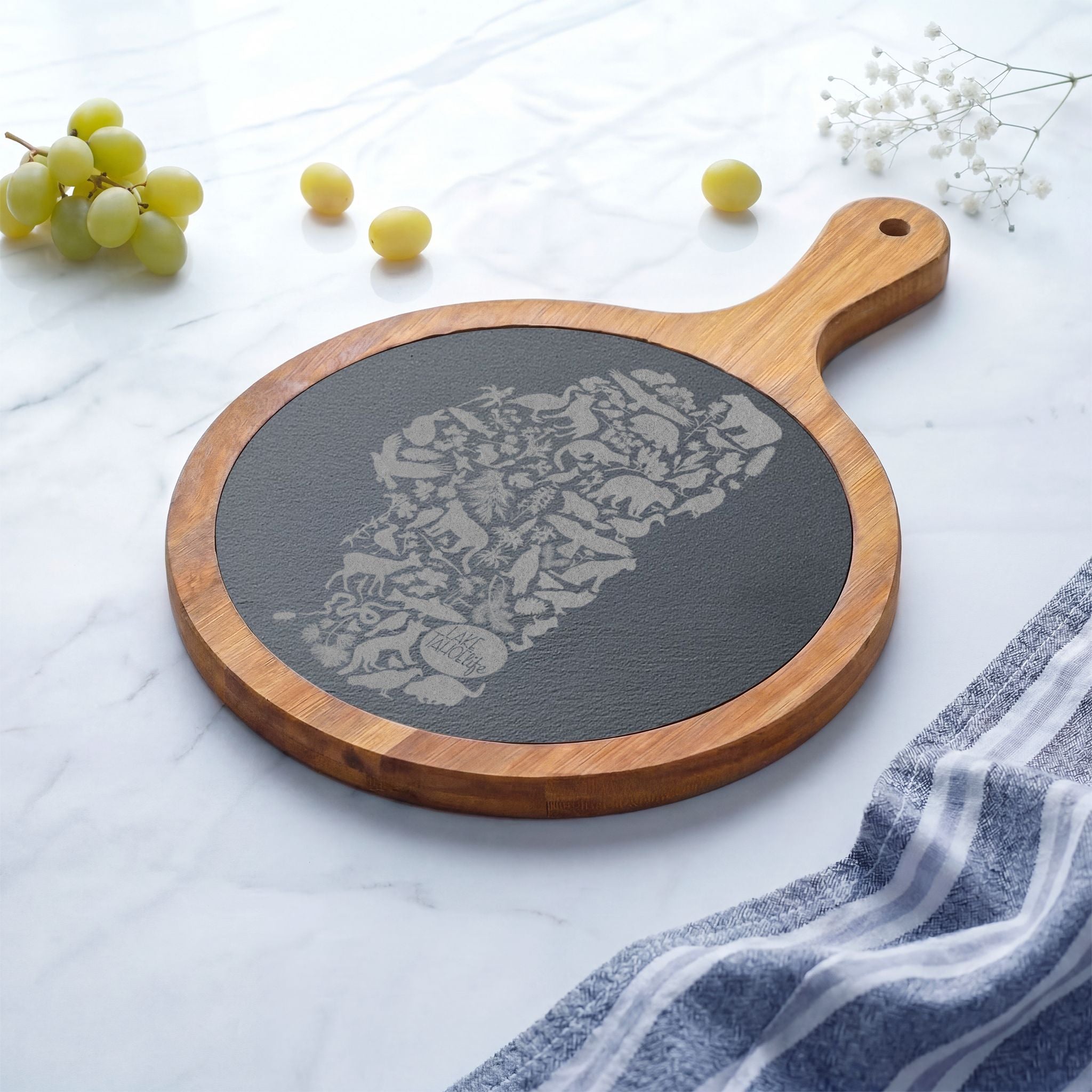Tahoe Life Engraved Acacia Charcuterie Board with Slate Inset — Cheese Knife Set