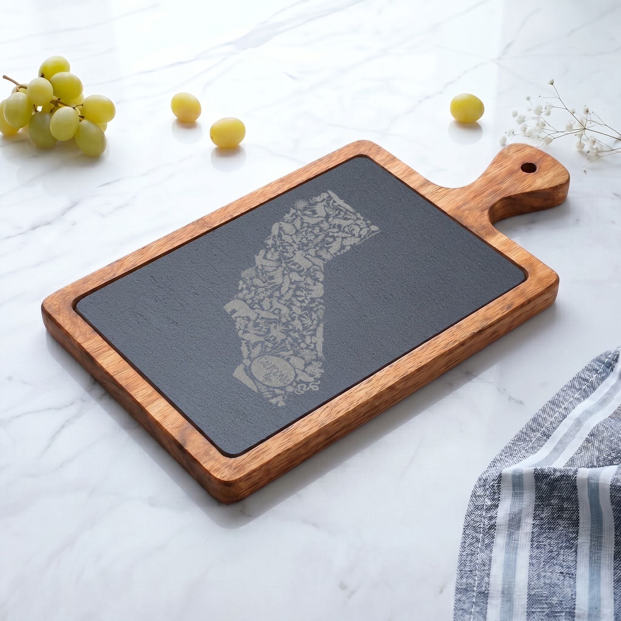 CA Life Engraved California Charcuterie Board with Slate Inset & Cheese Tools
