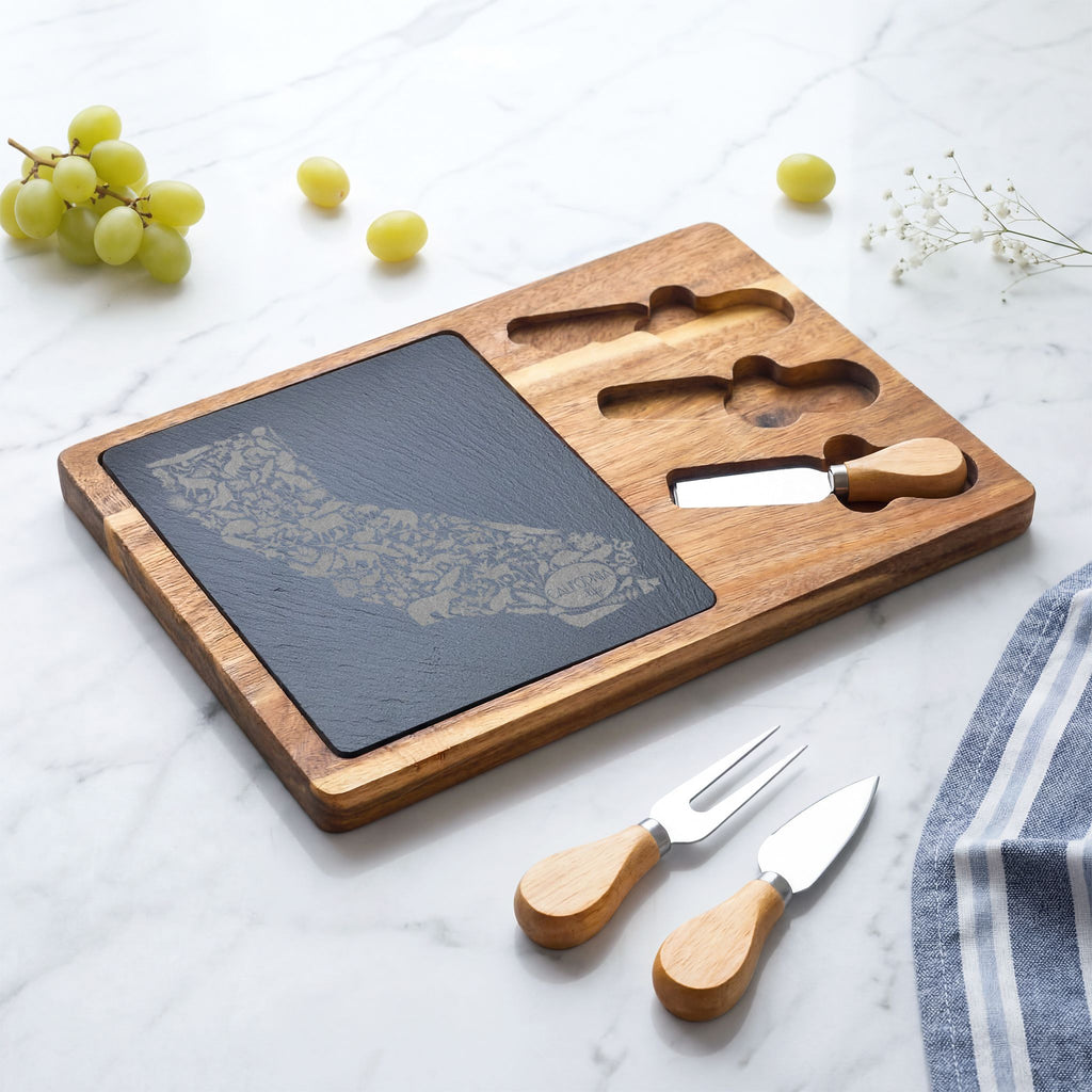 CA Life Engraved California Charcuterie Board with Slate Inset & Cheese Tools
