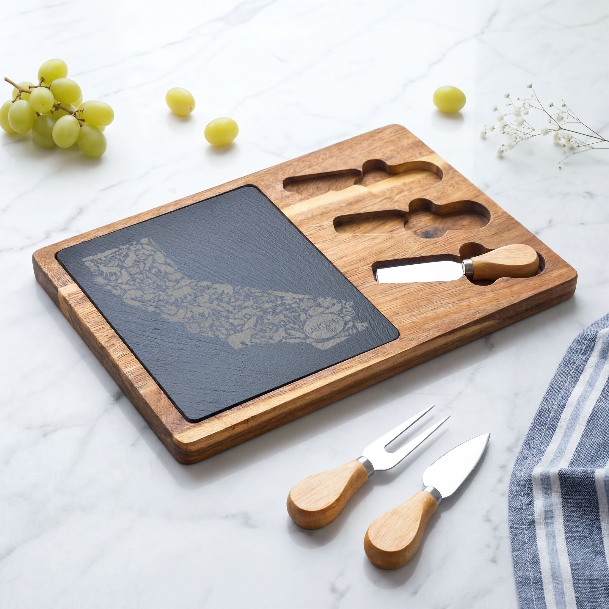 CA Life Engraved California Charcuterie Board with Slate Inset & Cheese Tools