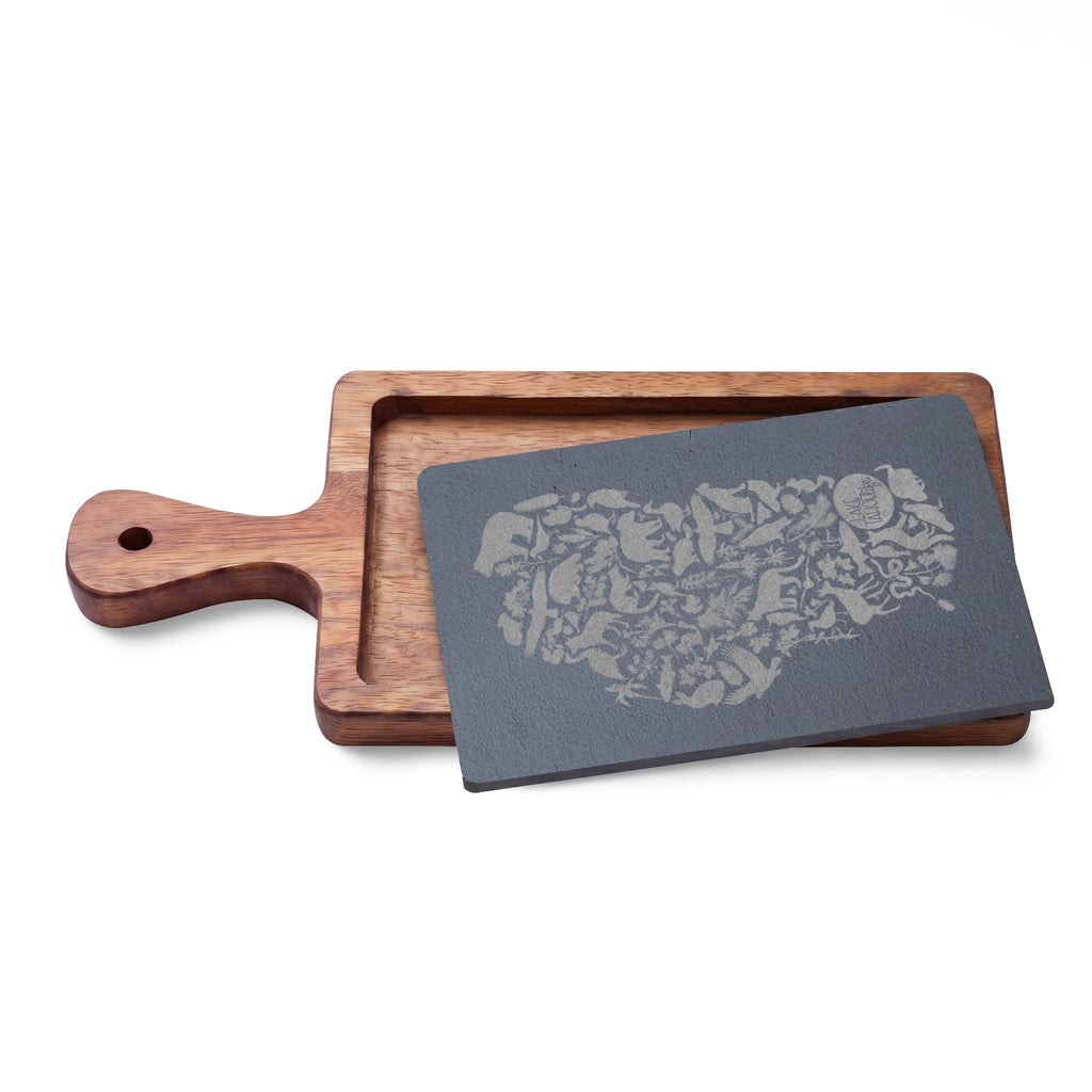 Tahoe Life Engraved Acacia Charcuterie Board with Slate Inset — Cheese Knife Set
