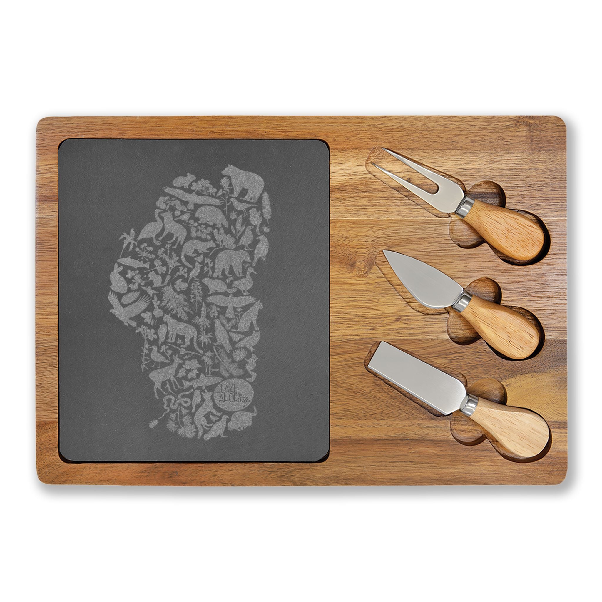 Tahoe Life Engraved Acacia Charcuterie Board with Slate Inset — Cheese Knife Set