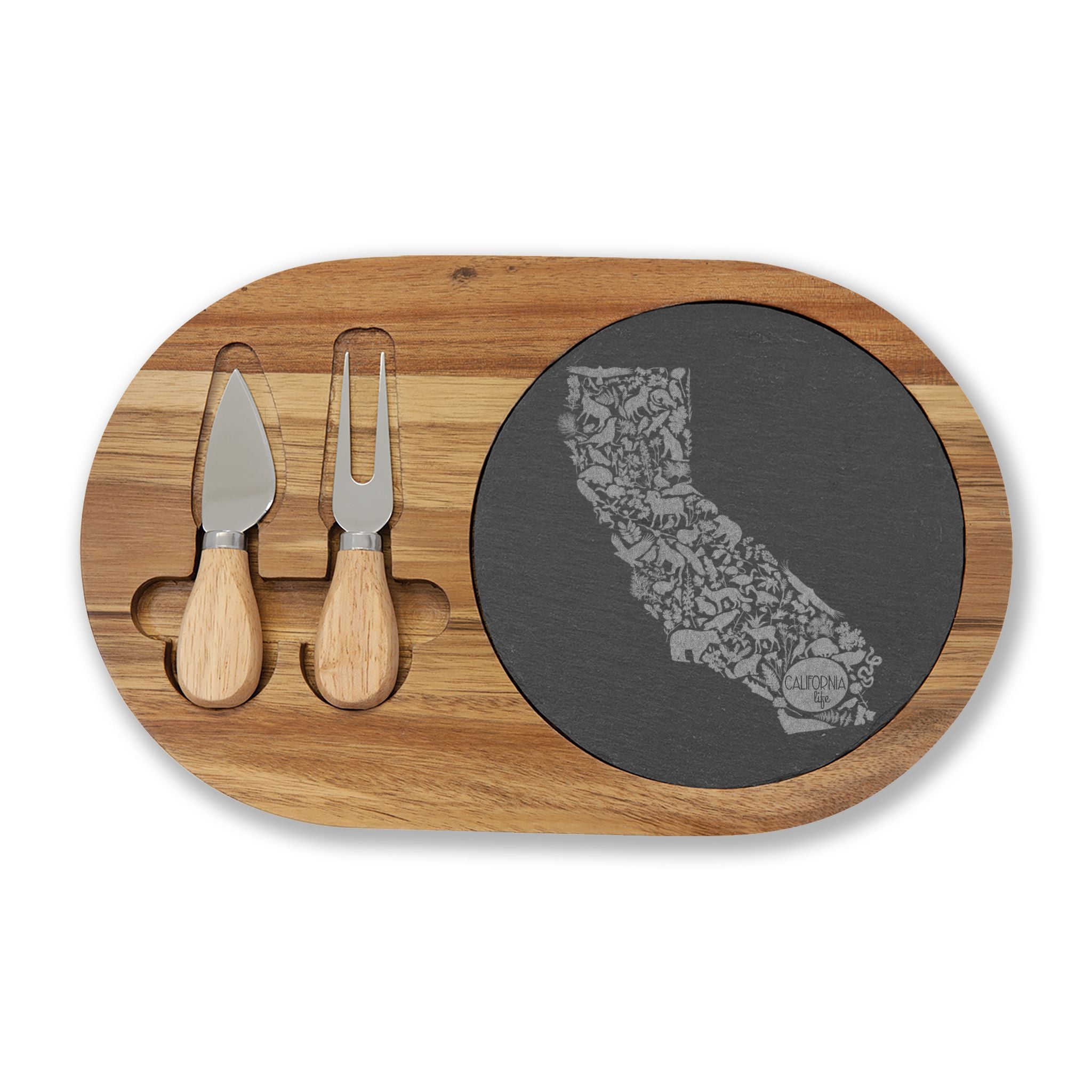 CA Life Engraved California Charcuterie Board with Slate Inset & Cheese Tools