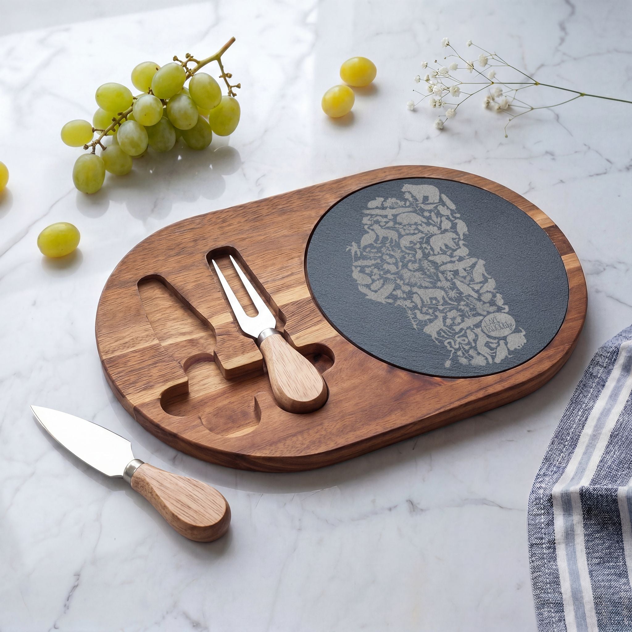 Tahoe Life Engraved Acacia Charcuterie Board with Slate Inset — Cheese Knife Set